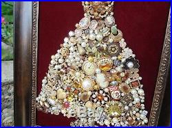 Vintage Jewelry Framed CHRISTMAS TREE Birds & FlowersCameoWatchOwlDragonfly
