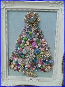 Vintage Jewelry Framed CHRISTMAS TREE Blue & Pink STARBasket of FlowersBow
