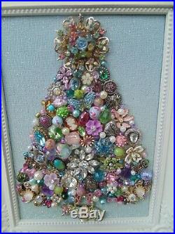 Vintage Jewelry Framed CHRISTMAS TREE Blue & Pink STARBasket of FlowersBow
