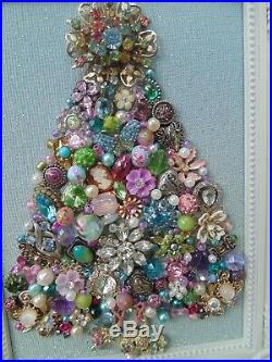 Vintage Jewelry Framed CHRISTMAS TREE Blue & Pink STARBasket of FlowersBow