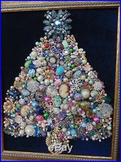 Vintage Jewelry Framed CHRISTMAS TREE Blue Rhinestone STAR CameoOwlWatch