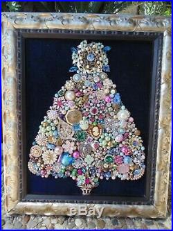 Vintage Jewelry Framed CHRISTMAS TREE Blue STAR PINK Flamingos & PALM Trees