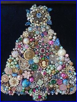 Vintage Jewelry Framed CHRISTMAS TREE Blue STAR PINK Flamingos & PALM Trees