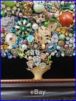 Vintage Jewelry Framed CHRISTMAS TREE GREEN Rhinestone STAR Heart LocketOwl