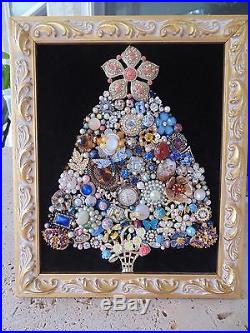 Vintage Jewelry Framed CHRISTMAS TREE PEACH & GOLD Star Basket of Daisies