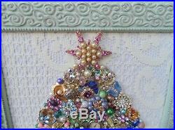 Vintage Jewelry Framed CHRISTMAS TREE Shabby PINK PEARL Star Roses, Watch, Owl
