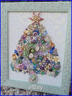 Vintage Jewelry Framed CHRISTMAS TREE Shabby PINK PEARL Star Roses, Watch, Owl