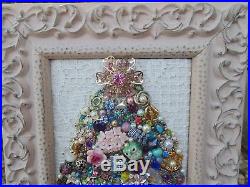 Vintage Jewelry Framed CHRISTMAS TREE Shabby PINK Star Watering Can, OWL, Roses
