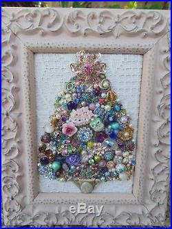 Vintage Jewelry Framed CHRISTMAS TREE Shabby PINK Star Watering Can, OWL, Roses