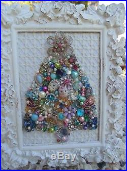 Vintage Jewelry Framed CHRISTMAS TREE Shabby PINK StarCottage White ROSE Frame