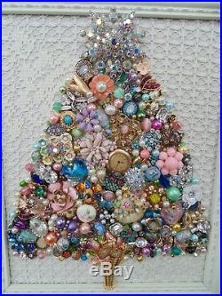 Vintage Jewelry Framed CHRISTMAS TREE Shabby RHINESTONE Star Pink FlowersOwl