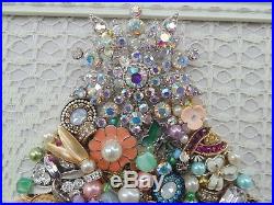 Vintage Jewelry Framed CHRISTMAS TREE Shabby RHINESTONE Star Pink FlowersOwl
