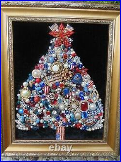 Vintage Jewelry Framed CHRISTMAS TREE USARed White & BlueAmericaPatriotic