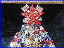 Vintage Jewelry Framed CHRISTMAS TREE USARed White & BlueAmericaPatriotic