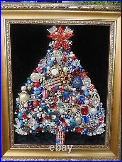 Vintage Jewelry Framed CHRISTMAS TREE USARed White & BlueAmericaPatriotic