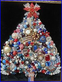 Vintage Jewelry Framed CHRISTMAS TREE USARed White & BlueAmericaPatriotic