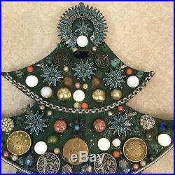 Vintage Jewelry Framed Christmas Tree Art Light Up Mosiac Turquoise Rhinestone