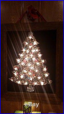 Vintage Jewelry Glittering Rhinestone Christmas Tree Framed Picture Art/Lights
