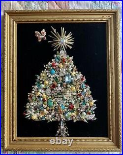 Vintage Jewelry Lot Christmas Tree Framed Art Mixed Glitter Gift Rhinestone Gold