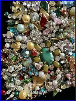 Vintage Jewelry Lot Christmas Tree Framed Art Mixed Glitter Gift Rhinestone Gold