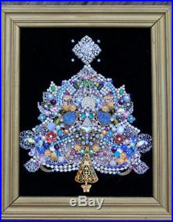 Vintage Jewelry Lot Christmas Tree Framed Wall Art Heirloom Gift Rhinestone Gold