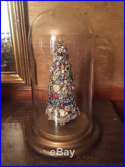Vintage John Fontaine Rhinestone Jewelry Christmas Tree Under Glass Dome