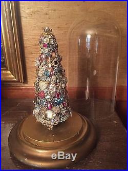 Vintage John Fontaine Rhinestone Jewelry Christmas Tree Under Glass Dome