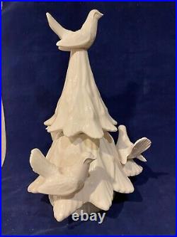 Vintage Large White Ceramic Christmas Tree with Bird Candle Holders Shabby Cottage