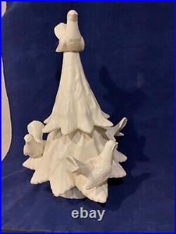 Vintage Large White Ceramic Christmas Tree with Bird Candle Holders Shabby Cottage