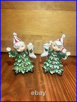 Vintage Lefton Ceramic Christmas Tree Girl And Boy Figurines Japan