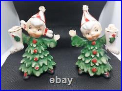 Vintage Lefton Ceramic Christmas Tree Girl And Boy Figurines Japan