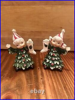 Vintage Lefton Ceramic Christmas Tree Girl And Boy Figurines Japan