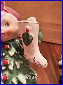 Vintage Lefton Ceramic Christmas Tree Girl And Boy Figurines Japan