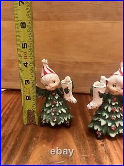 Vintage Lefton Ceramic Christmas Tree Girl And Boy Figurines Japan