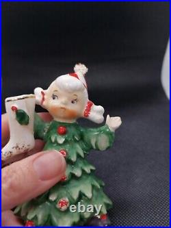 Vintage Lefton Ceramic Christmas Tree Girl And Boy Figurines Japan