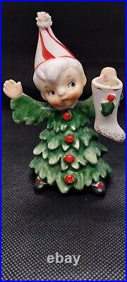 Vintage Lefton Ceramic Christmas Tree Girl And Boy Figurines Japan