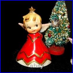 Vintage Lefton Christmas Girl Angel Bell Figurines w Bottle Brush Tree