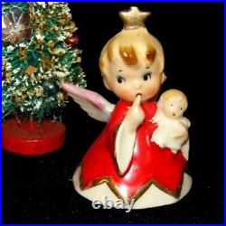 Vintage Lefton Christmas Girl Angel Bell Figurines w Bottle Brush Tree