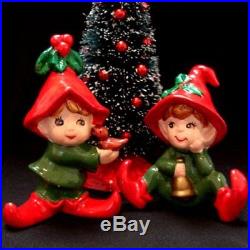 Vintage Lefton Elf Pixie Figurines holding bird and bell with Christmas Tree