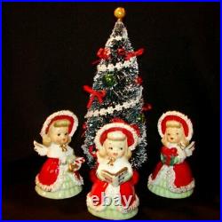Vintage Lefton Girl Bells Figurines around decorated Bottle Brush Christmas Tree
