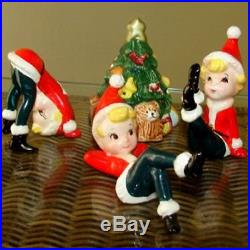 Vintage Lefton Pixie Elf Boys Santa Suits Figurines w Ornament Christmas Tree