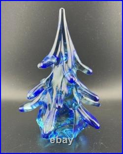 Vintage Liberty Village Vintage Blue Art Glass Christmas Tree Signed RareGLOWS