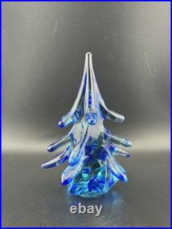 Vintage Liberty Village Vintage Blue Art Glass Christmas Tree Signed RareGLOWS