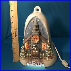 Vintage Lighted Ceramic Christmas Snowy Village Church W Tree Lustreware Bell
