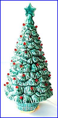Vintage Lighted Ceramic Christmas Tree All Green with Tiny Red Bulbs 9.5