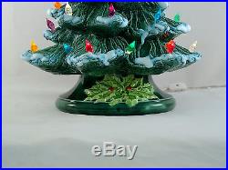 Vintage Lighted Ceramic Christmas Tree Green White Snow Flocking Multi Lights