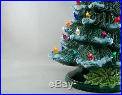 Vintage Lighted Ceramic Christmas Tree Green White Snow Flocking Multi Lights