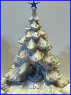 Vintage Lighted White Ceramic Christmas Tree Inset Nativity 17 Tall