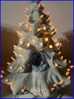 Vintage Lighted White Ceramic Christmas Tree Inset Nativity 17 Tall