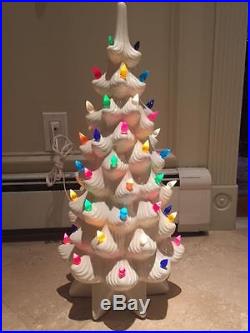 Vintage Lighted White Ceramic Christmas Tree Multi Colored Bulbs 22 Tall